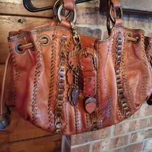 Isabella Fiore Whipstitch Leather Hobo Bag Boho Slouchy Brown Vintage